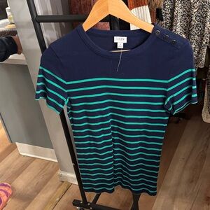 J. Crew Navy and Green Striped Long Sleeve Tee with Leopard Sleeves